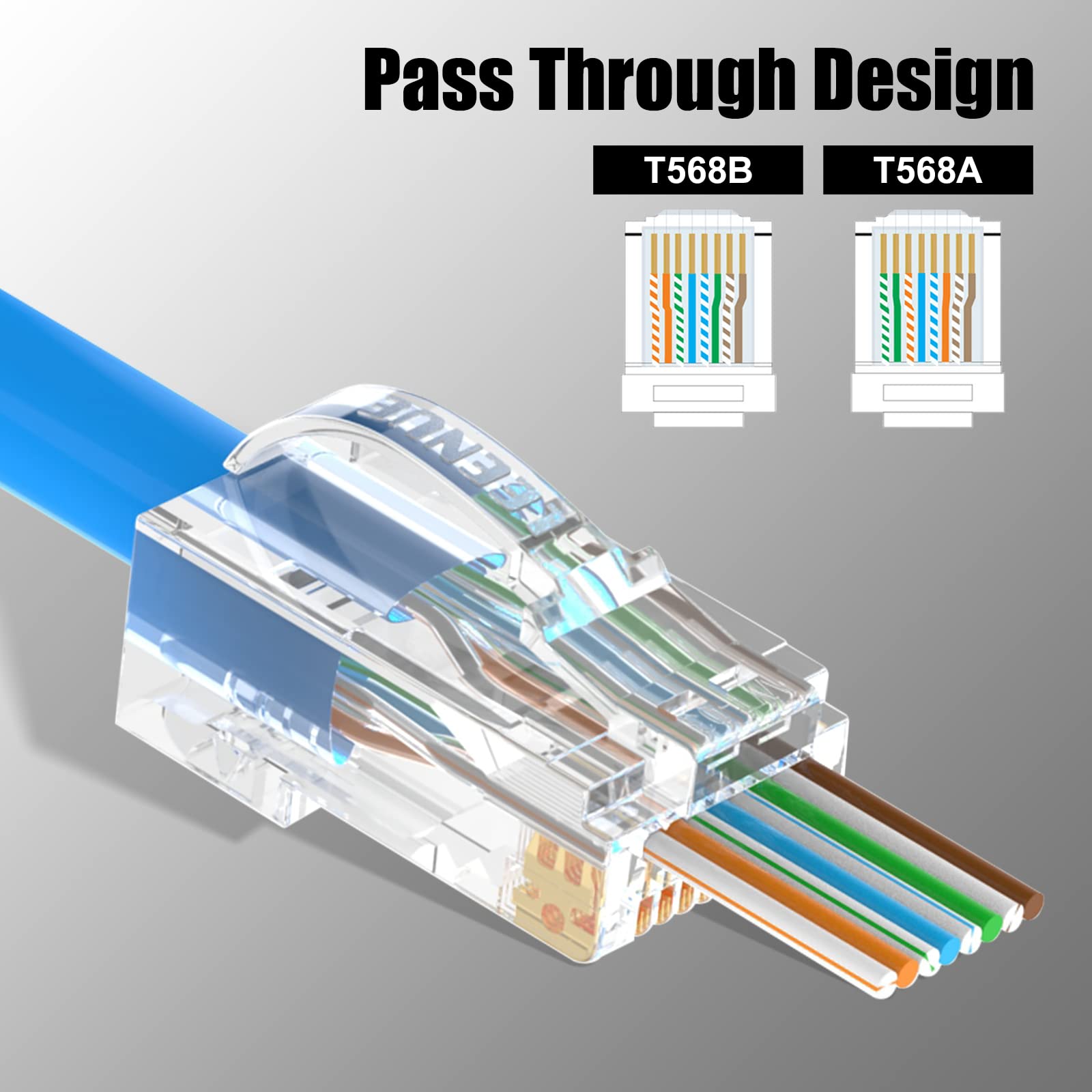 LINKUP Connettori RJ45 Cat6 UTR Passanti - 50 Pezzi Con Contatti Dorati 50μm, Senza Ganci, Per Cavo Ethernet Gigabit Solido O Intrecciato