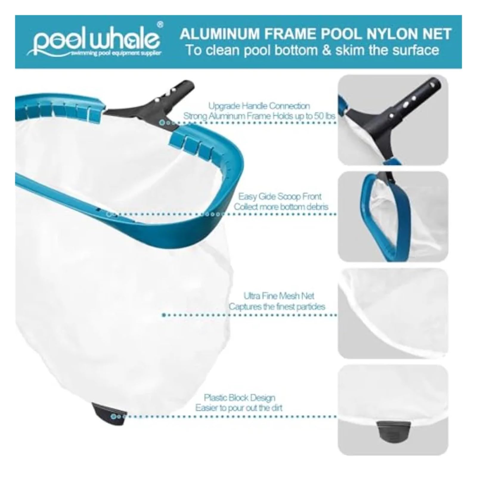 Epuisette Piscine Râteau d'écumoire à Pollen et à Sable de Piscine à Mailles Ultra Fines, Filet en Nylon Profond avec Cadre en Aluminium