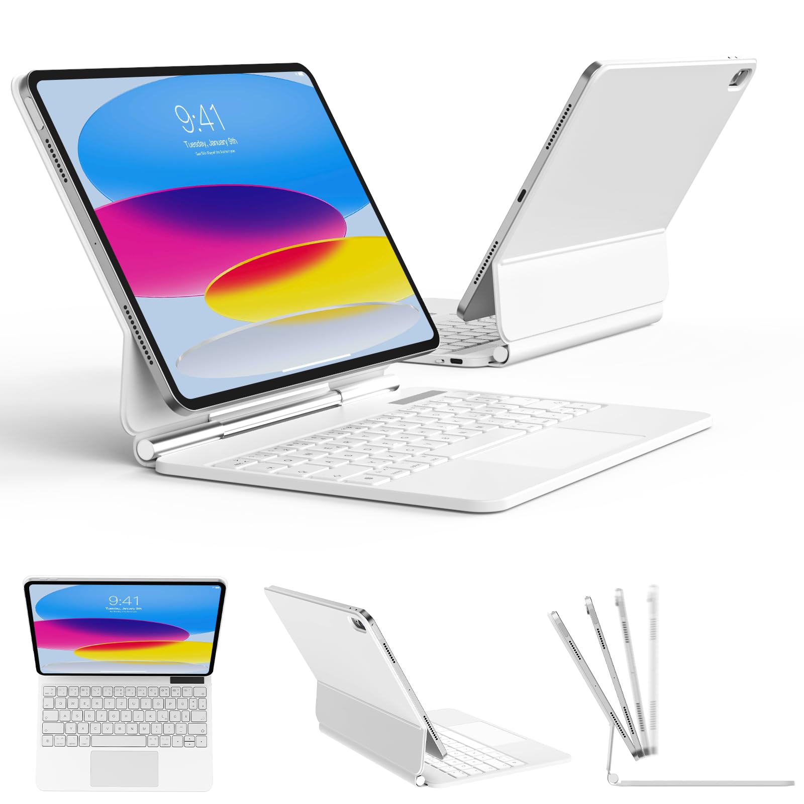 Hülle mit Tastatur für iPad A16 11 Generation 2025/10 Generation 2022 (11/10.9 Zoll), ipad Magic Keyboard mit schwebendem Cantilever Ständer, Beleuchtete Tasten, Multi Touch Trackpad, Weiß