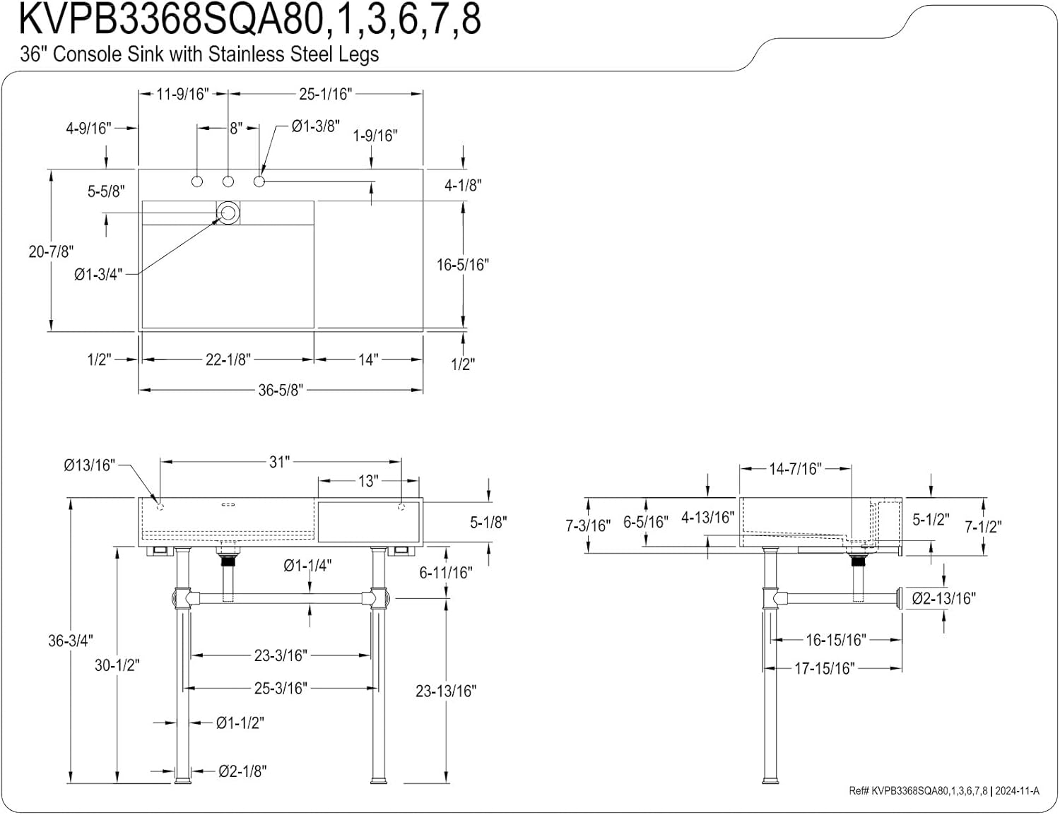 Kingston Brass KVPB3368SQA80 Aurelius 36" Solid Surface Console Sink with Stainless Steel Legs (8-Inch, 3-Hole), Matte White/Matte Black