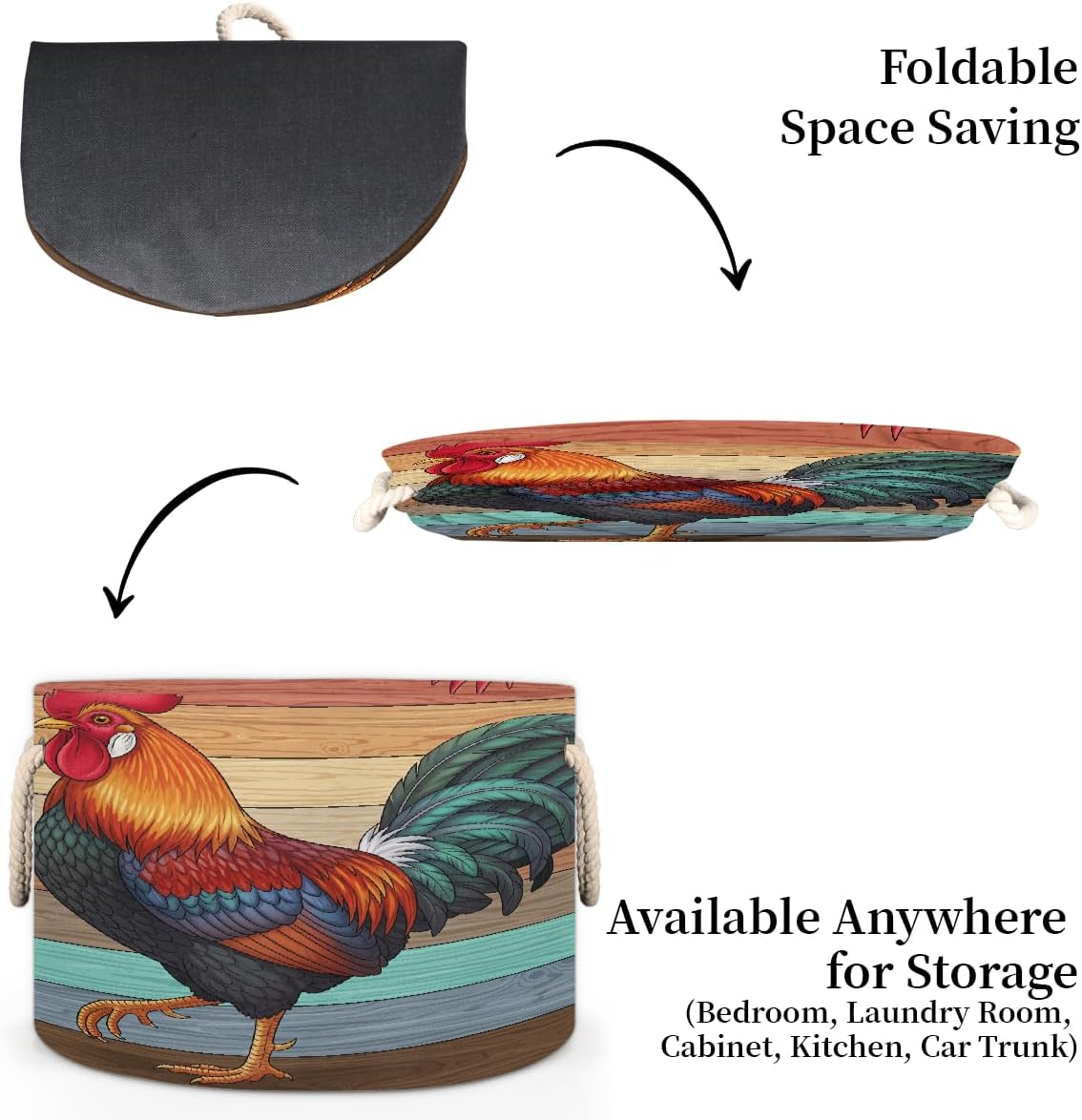 Large Storage Baskets - Rustic Wood Rooster Nursery Round Collapsible Organizer Bin Box, Laundry Hamper for Kids Toys, Blanket, Bedroom Living Room Home Decor, Gift Basket, 19.4"x13.3"