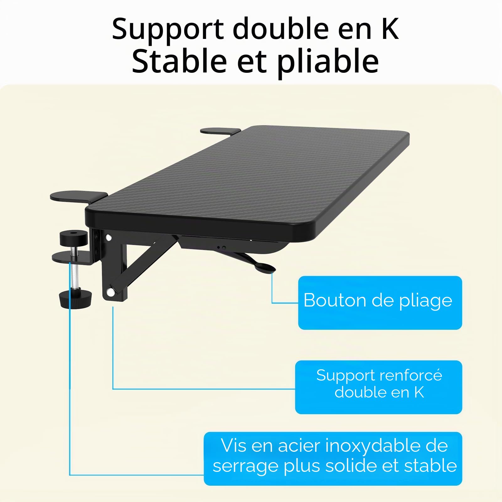 OUGIC Plateau d'extension de bureau ergonomique de 55 x 24 cm, pince anti-perforation, plateau pliable pour clavier, repose-poignet d'ordinateur, support de coude pour