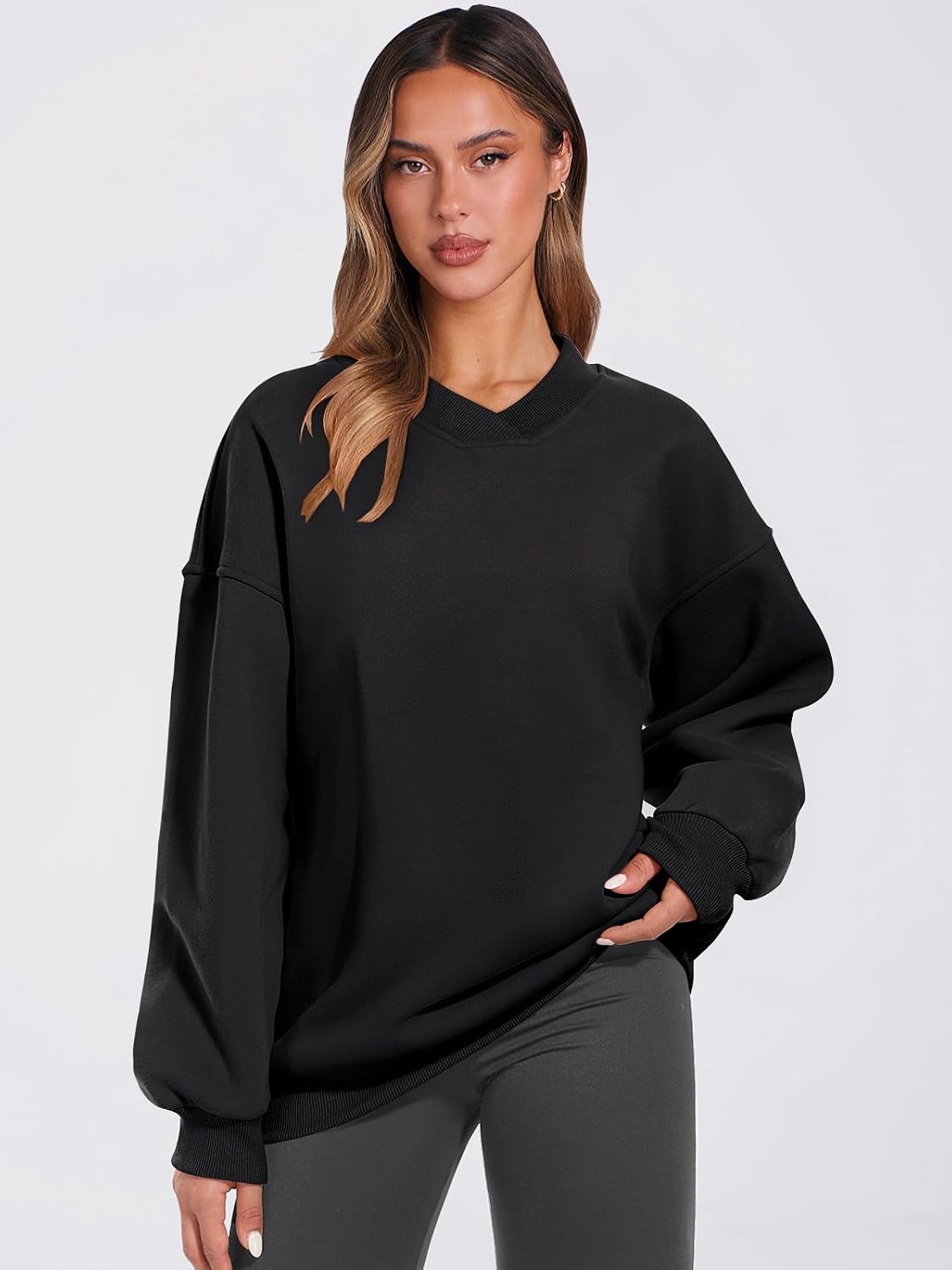 ANRABESS Womens Oversized V Neck Sweatshirt Fleece Long Sleeve Hoodies Pullover Comfy Top 2026 Outfits Teen Preppy Clothes