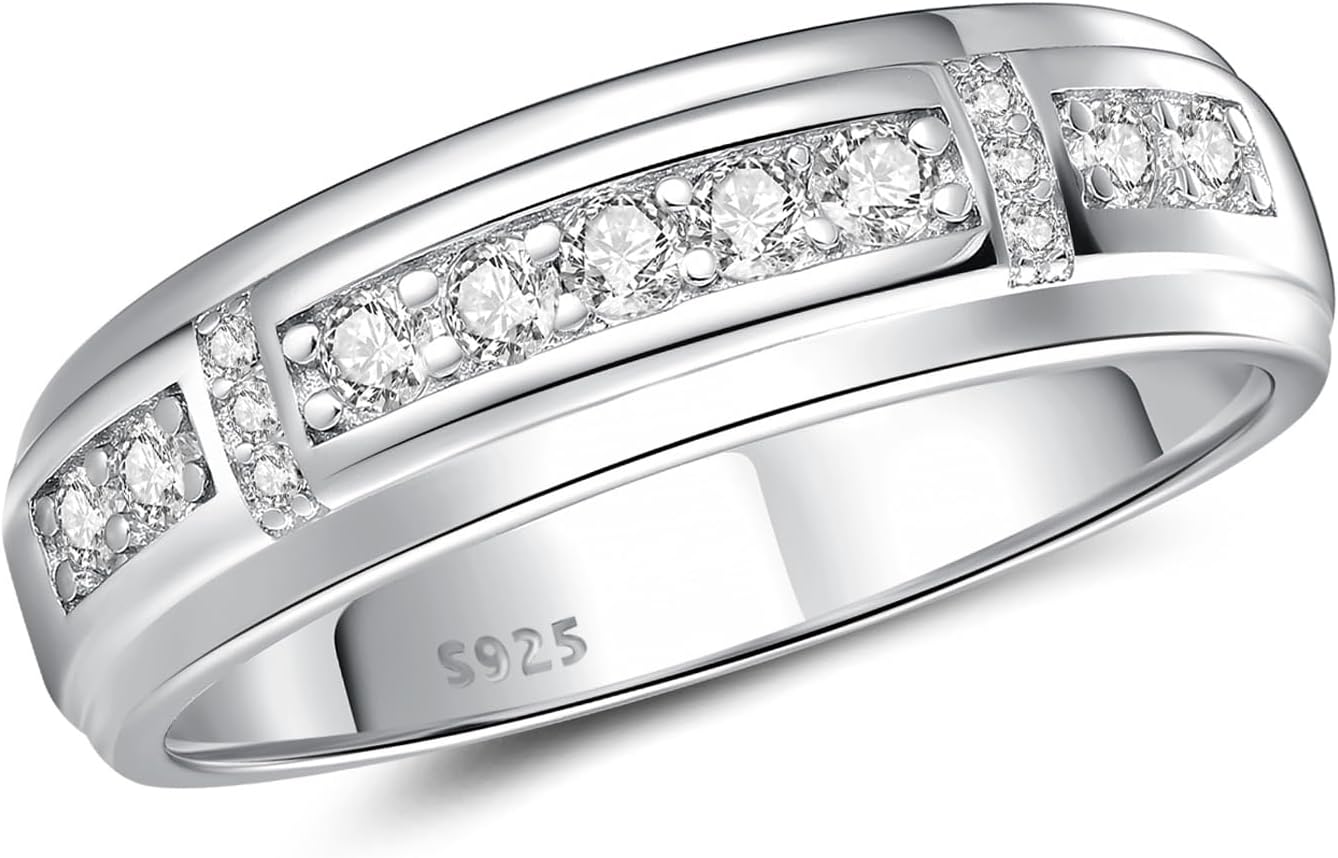 S925 Mens Wedding Rings AAAAA Cubic Zirconia Wedding Band Engagement Rings for Him Size 8-12