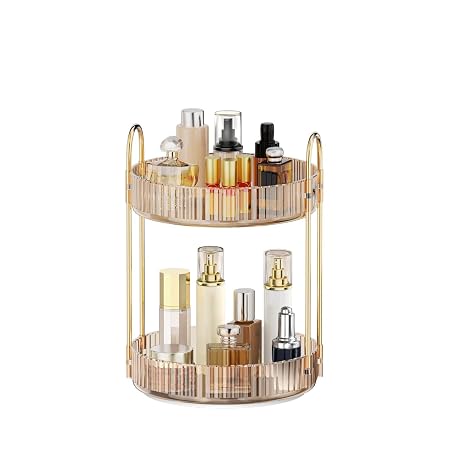 MOKANI 360 Rotating Makeup Organizer for Vanity, 2 Tier Adjustable Perfume Organizer for Dresser, Multi-Function Spinning Cosmetics Skincare Storage for Bedroom, Dresser, Countertop, Amber
