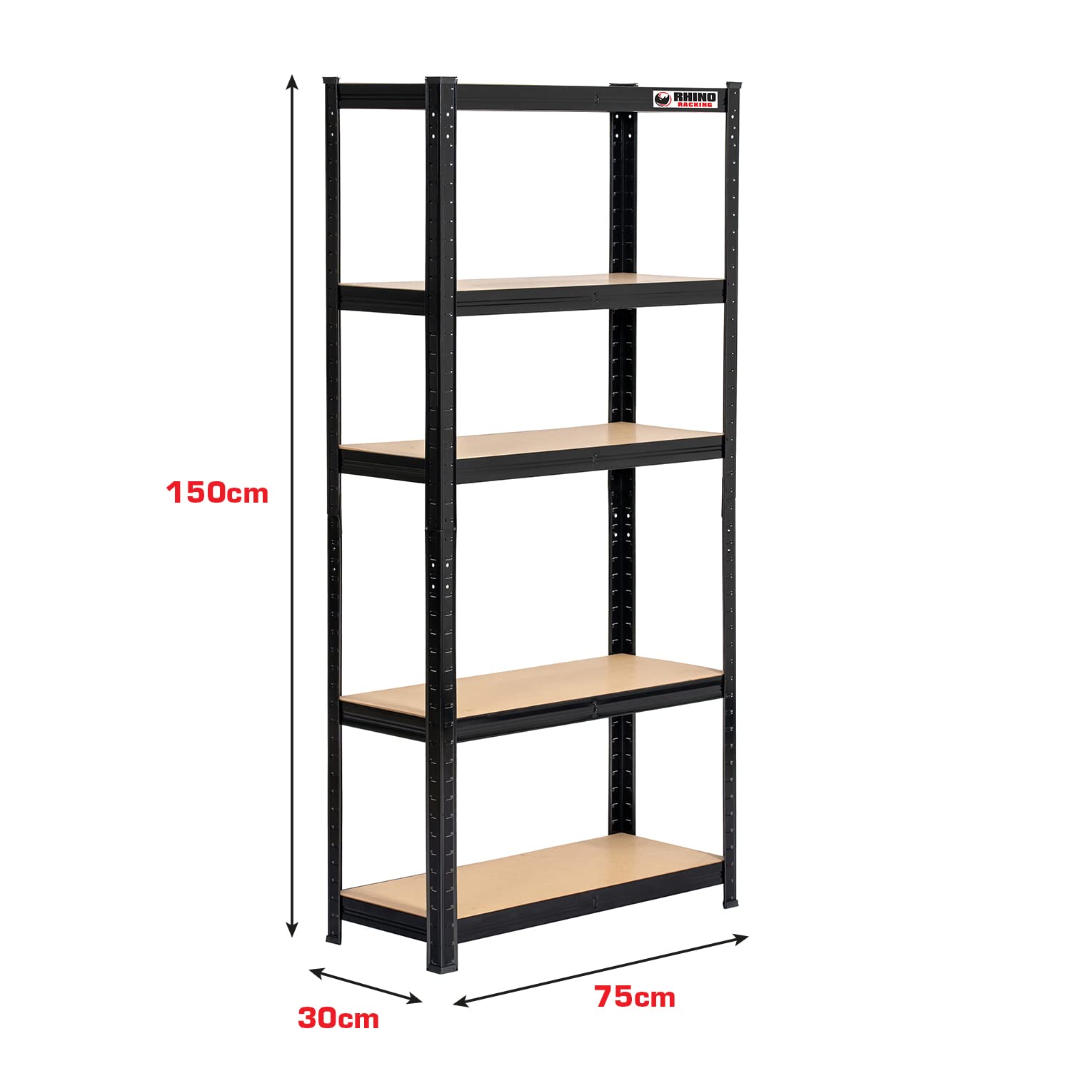 Rhino Racking Schwerlast-Garagenregal - 5-stöckige Stahlregale, Steckregale, Industrieregal, Schwarz, 200 kg pro Ebene, 150 x 75 x 30 cm