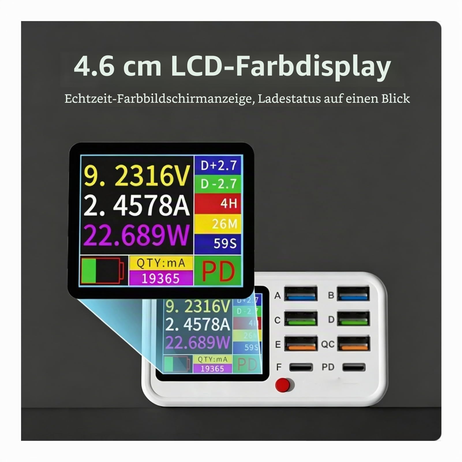 Desktop-Ladestation, 65 W/25 A 8-Port-Laptop-Ladegerät, USB-QC-3.0-Schnelllade-Hub für unterwegs mit LCD-Display und Qi-Wireless-Ladefläche für Smartphones und Tablets