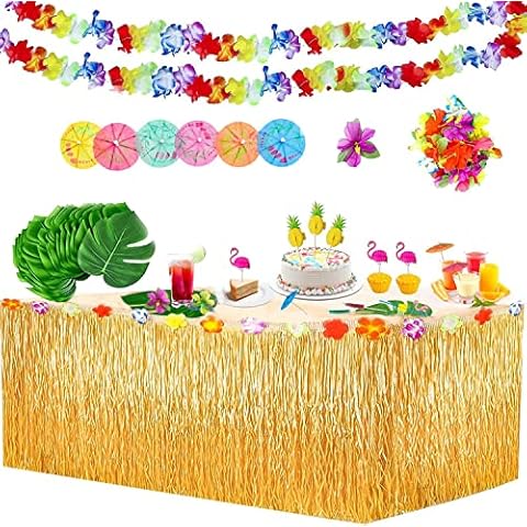 93Pieces Tropical Party Decoration Set with 9 Feet Hawaiian Table Skirt, Palm Leaves, Hawaiian Flowers, Multicolored Umbrellas for Hawaiian Luau Party Table Decorations Cover