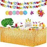 Juego de decoración de fiesta tropical: 1 falda de mesa hawaiana de 9 pies de largo, 25 hojas de palma tropicales, 25 flores hawaianas, 30 palitos de frutas de paraguas pequeños, 5 palitos de fruta de piña, 5 palitos de fruta de flamenco y 2 guirnaldas de flores. Total de 93 piezas, crea una brillante fiesta de verano hawaiana