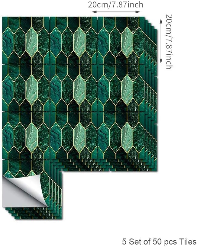 funlife Holographic Emerald Art Deco Peel and Stick Backsplash Self-Adhesive PVC Wall Tiles Easy DIY with Tools for Kitchen Bathroom and Laundry Room 7.87"x7.87"x50-Sheet Hex Emerald
