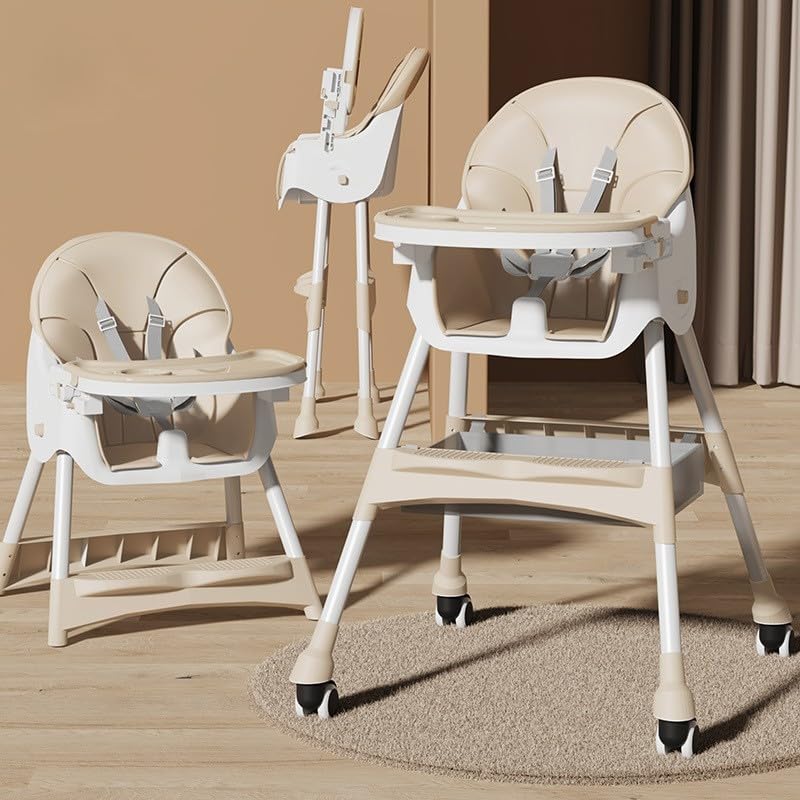 Image of Mealtime Plus Baby High Chair for Feeding, Adjustable Height, Double Food Tray, Seat Cushion, Storage Bag & Lockable Wheels, Foldable Feeding Chair for Babies & Toddlers, Beige