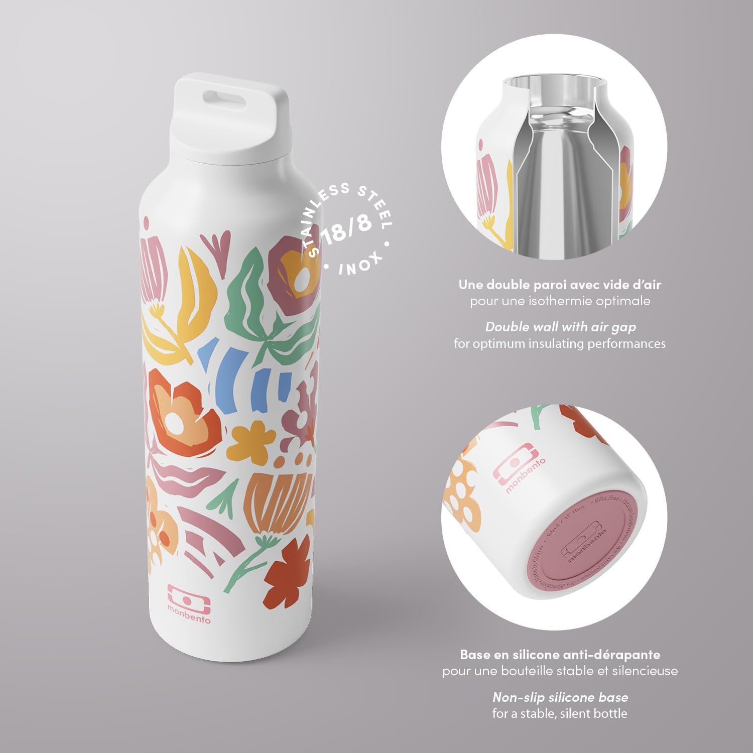 monbento - Bouteille isotherme Steel graphic Papercut - Gourde Isotherme Inox 500ml avec Infuseur Thé/Fruit - Garde Boissons Chaudes/Froides - Bouteille Inox Idéale Bureau/Pique-nique/Sport - Fleurs