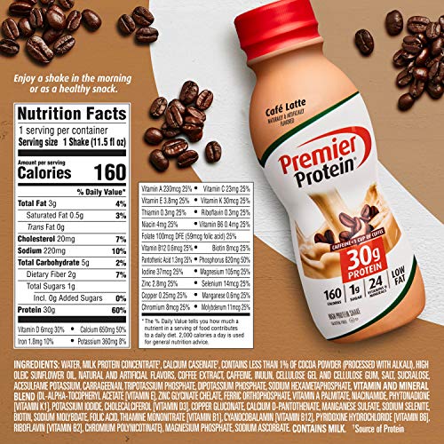 Premier Protein Shake, Café Latte, 30g Protein, 1g Sugar, 24 Vitamins