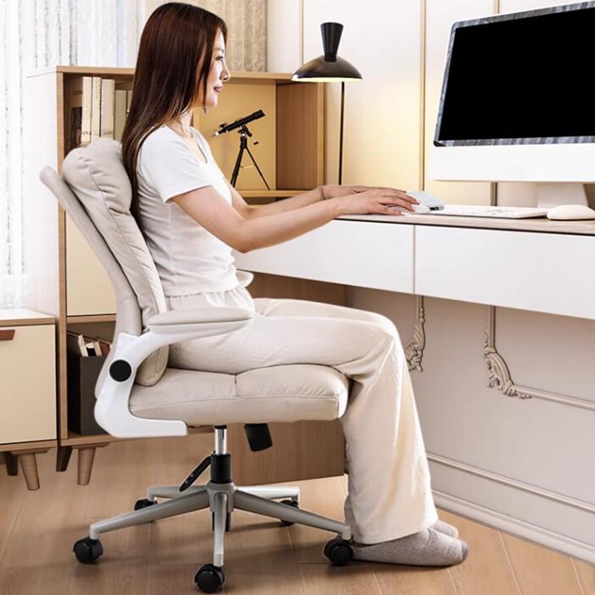 Sedia Da Ufficio Ergonomica Sedia Da Scrivania Sedia Da Computer Regolabile Sedie Da Lavoro Girevole Con Bracciolo Ribaltabile, Regolazione Dello Schienale Per L'ufficio Di Casa ( Color : /Beige )