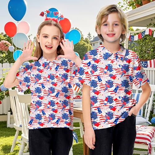 Image of AOBUTE Kids 4th of July Polo American Flag Short Sleeve Button Down Shirts Tops 3-14 Years