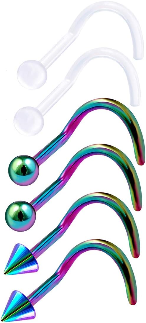 6Pcs Rainbow Anodized Acrylic Clear 20 gauge 9/32 7mm Screw Nose Pin Piercing Jewelry 2mm Ball Cone M7955