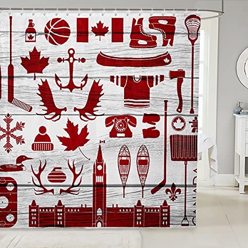 richhome Rote AhornblätterDuschvorhang Anti-Schimmel Klassische Kanada Symbole Rustikal Duschvorhäng Wasserabweisend Eishockey-Sportspiel Waschbar Duschvorhänge,180x200cm
