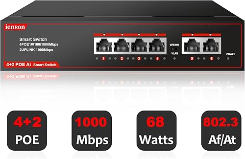 Miniatura 1 de ienRon Interruptor PoE de 6 puertos, conmutador PoE Gigabit de 4 puertos con 2 puertos Gigabit de enlace ascendente, Plug and Play con detección de