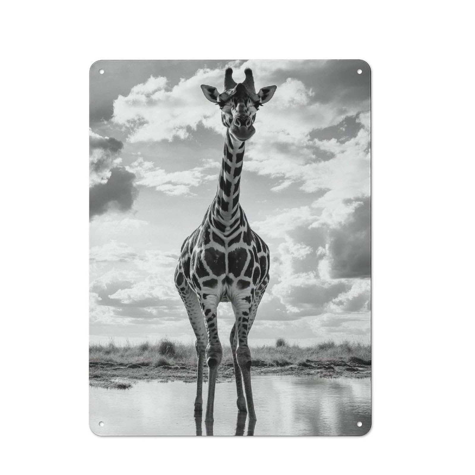 Junmoney Style-6 Workshop Style Garage Metal Sign 40X30cm Featuring Giraffe At Waterhole Black And White Photo, Industrial Wall Art For Garage, Hobby Room, Office Or Man Cave