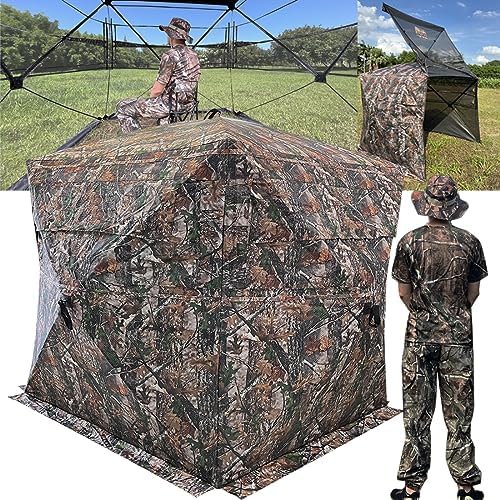 LUCKUNTER 360 Degree See Through Hunting Blind Extra Large Tall (78X78X80 inch) 2/3/4 Person Ground Camouflage Pop Up Hunting Blind for Turkey Deer Hunting