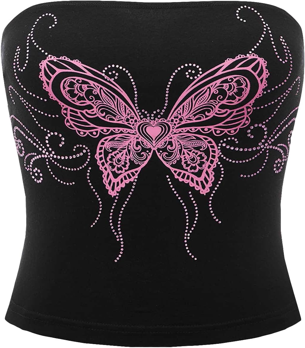 SOLY HUX Women's Rhinestone Cute Print Y2K Crop Tops Sleeveless Strapless Summer Bandeau Tube Top