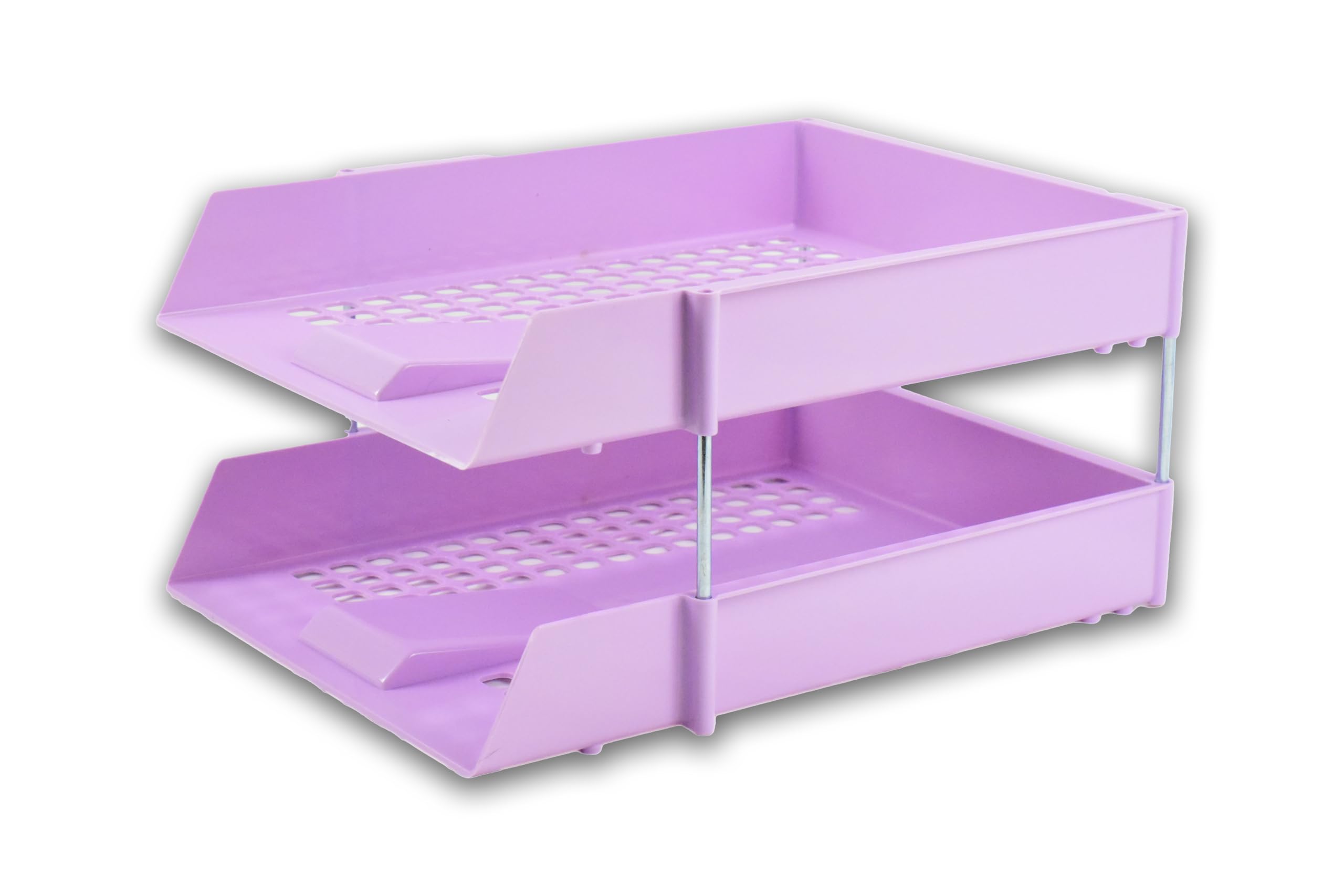 Nobel Plastics Filing Storage Letter Trays with Metal Risers - Desk Tidy Document Paper Filing In & Out - Ideal for School, Home And Offices (Pastel Pink, 2 Trays + 4 Risers)