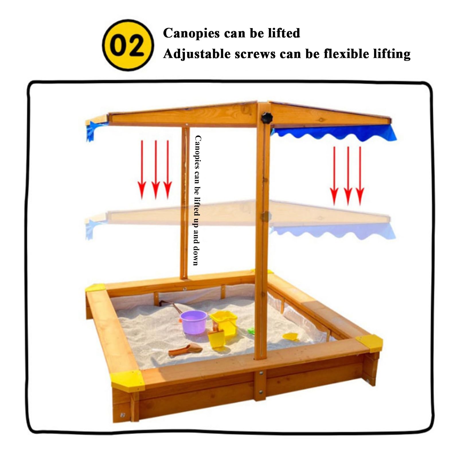 Sandkasten mit Deckel und Abdeckung, Holzsandkasten mit Verstellbarem Verdeck, Dach Nach Oben und Unten Zu Heben, Sandkasten für Hinterhofspiele