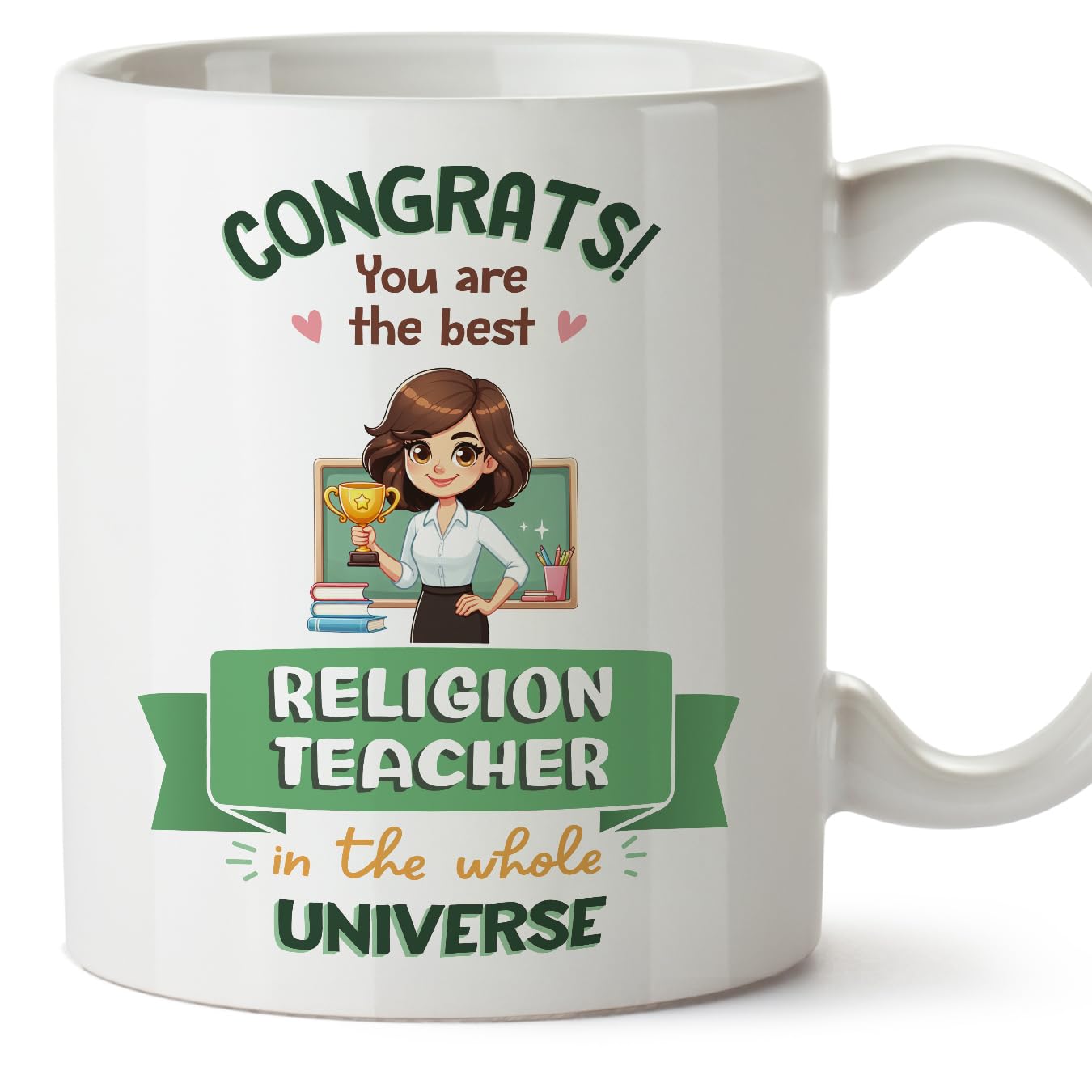 MUGFFINS Religion Teacher Woman Mug - in English - Best in Universe Trophy - Funny Gift for Colleagues - Ceramic 11oz Mug