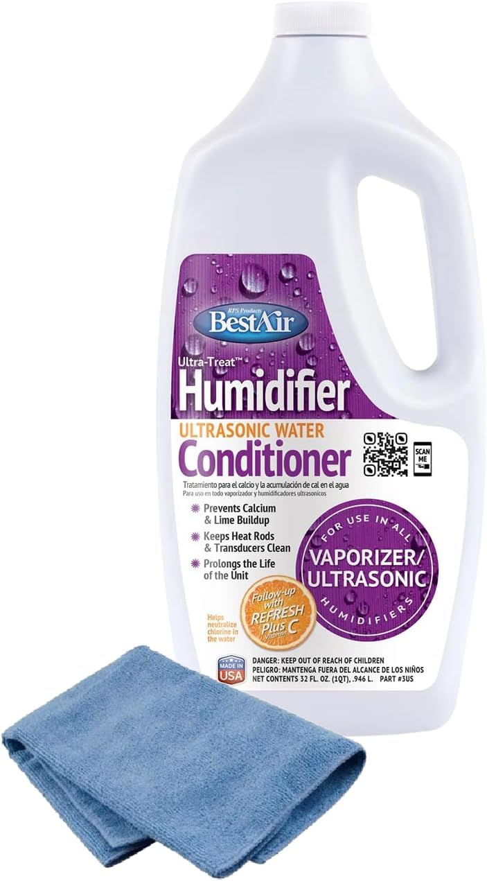 Plexon Microfiber Cleaning Cloth 14"x14" with Best Air 3US Ultrasonic Humidifier Water, Conditioner and Scale Treatment, 32 fl oz – Prevents Lime & Scale, Enhances Humidifier Performance