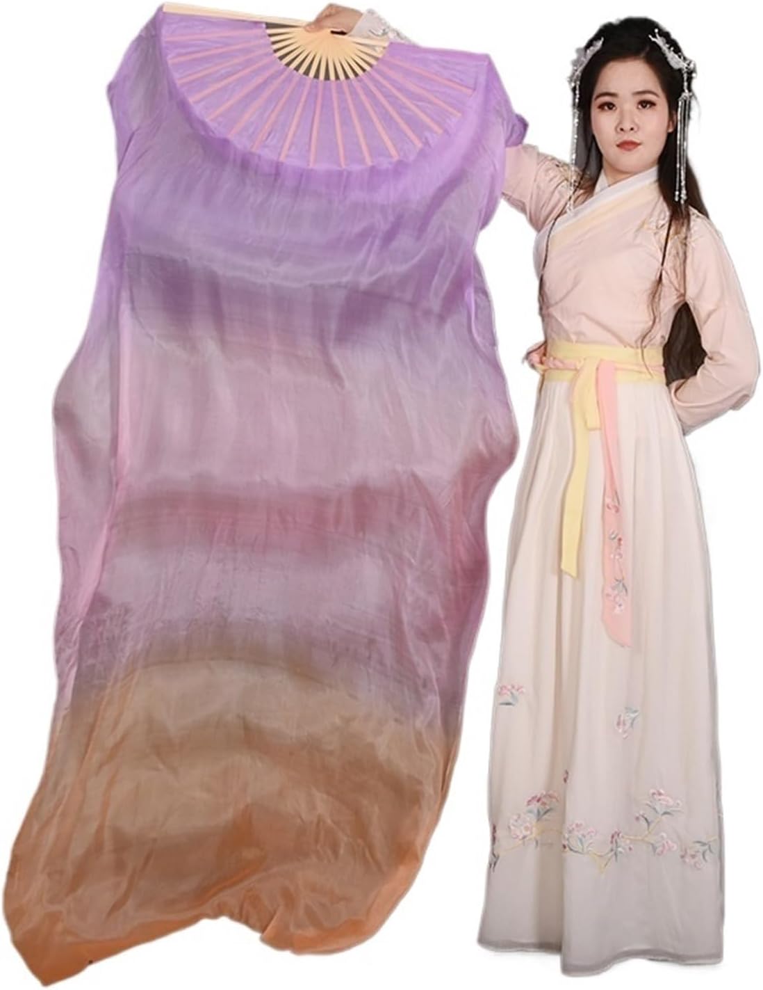 1 Pair Real Silk Belly Dance Fans Handmade Dyed Long Performance