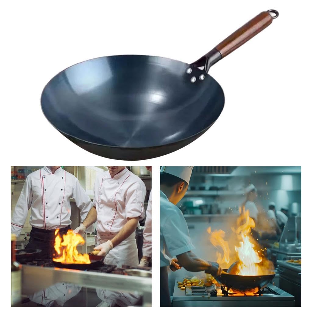 Wok Antiaderente Wok Pentole a Gas Generali Wok Cinese con Manico in Legno per Saltare in Padella per Panini, Pane Fritto, Torta di Carne, Toast, 36 cm