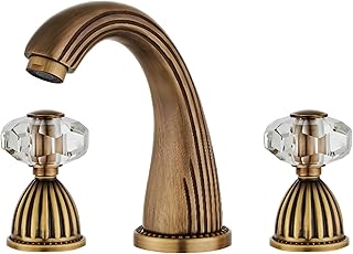Antique Brass Bathroom Faucet Gold Three Holes Widespread Crystal Handle...