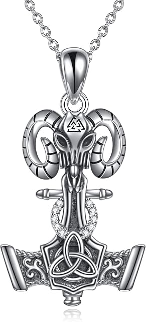 VONALA Thor Hammer Necklace 925 Sterling Silver Mjolnir Sheep Head Pendant Viking Necklace Amulet Jewellery for Men Boy