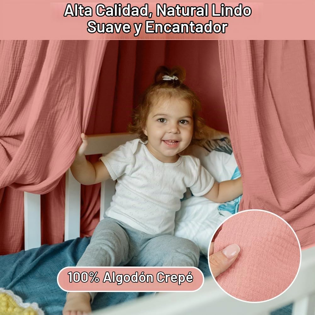 HOTUT 2xDosel, 130 x 320cm Juego de Decoración para Cama de Casa, Dosel para Cama de Niños con Volantes, Mosquitero Decoración, Dosel Cama Compatible Cama Montessori para Niños y Niñas-Rosa