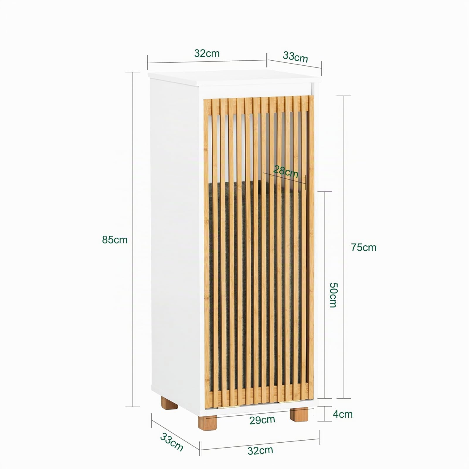 SoBuy Mobiletto da Bagno con Cesto per Biancheria Salvaspazio | 32x85x33cm Mobile Compatto con Sacco per Lavanderia in MDF e Bambù, Mobile per Bagno o WC Bianco-Naturale, BZR126-W