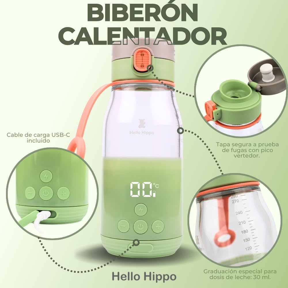 Calentador de Biberón Nomada 300 ml - Inalámbrico, Batería Recargable USB, Coche - Temperatura Ajustable 37-50°C con Mantenimiento Caliente - Graduación 30 ml - Ideal para Leche y Agua en Viaje