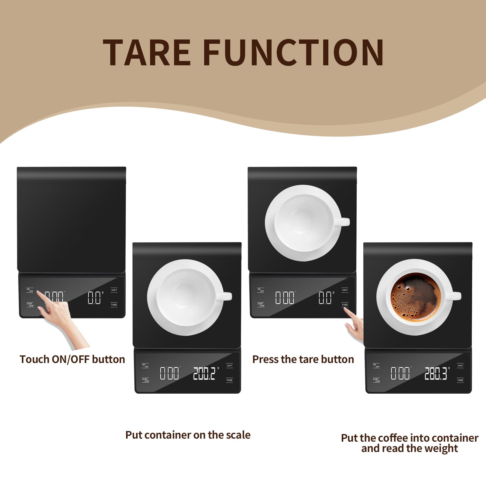 Báscula de café de alta precisión de 3 kg/0,1 g con temporizador, pantalla LCD retroiluminada, función de tara y conversión de unidades para espresso, vertido, preparación por goteo