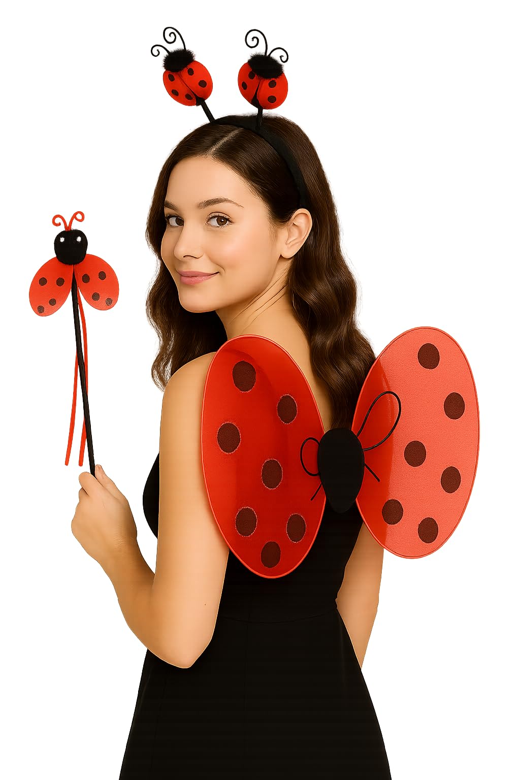 Adult Ladybird Fancy Dress 3-Piece Set – Includes Red Spotty Wings, Wand, and Antennae Headband – Women’s Insect Costume Accessories for Parties, Halloween & Festivals