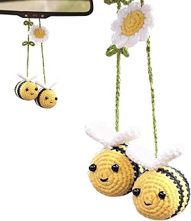 Knitted Bee Car Ornament - 20cm Bunny Bee Car Decor Hanging Ornament | Handmade Crochet Bees Rearview Mirror Pendant | Cute Cotton Knitted Cars Interior Decoration