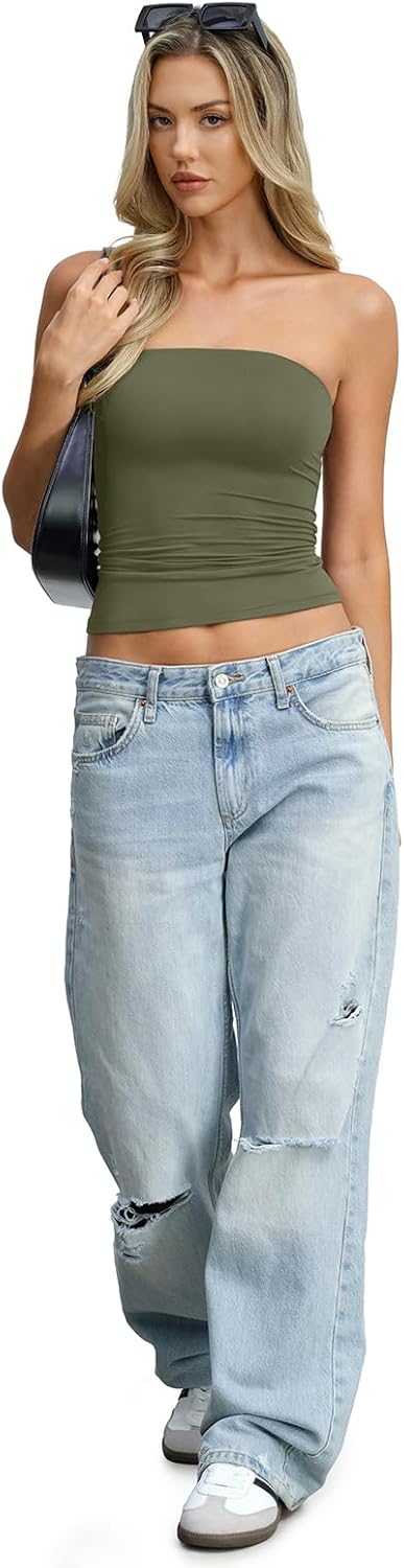 Womens Double Lined Tube Tops Non Slip Sexy Strapless Bandeau Top Y2K Sleeveless Going Out Tops Summer Outfits - Image 6