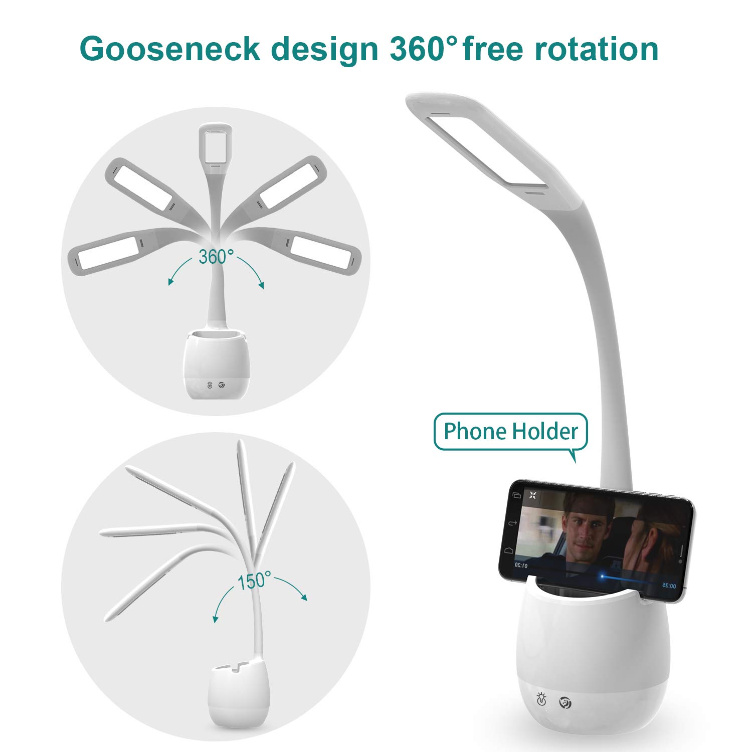 ERAY Lampe de Bureau Enfant, Lampe de Table D'étude Eye Caring avec Porte-Crayon/Batterie 2000mAh/8 Veilleuse Colorée/3 Modes/3 Niveaux de Luminosité/Contrôle Tactile, Lampe de Chevet pour Enfants