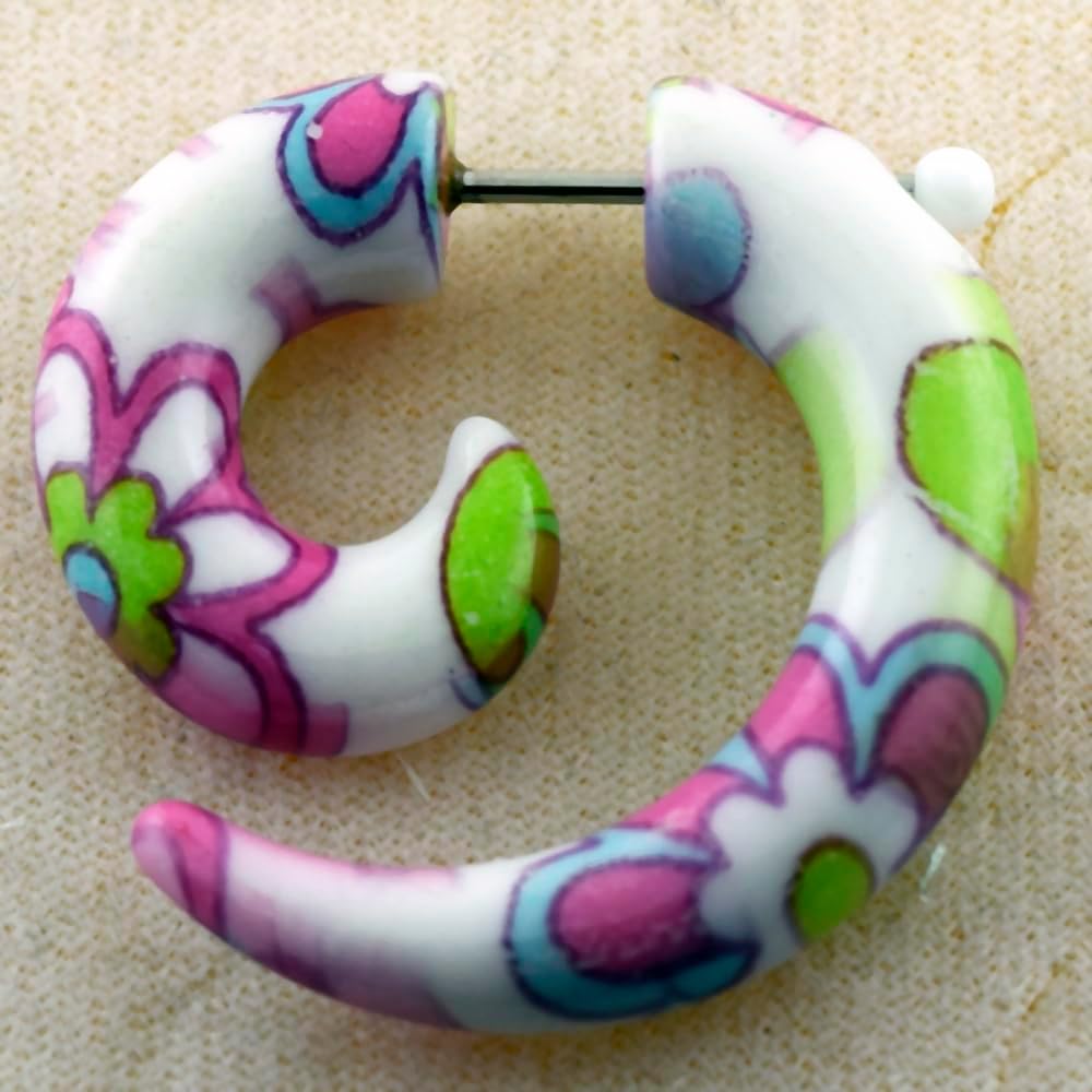 Colorful Butterfly with Flower Spiral UV Acrylic with 16 Gauge 316L Surgical Steel Fake Ear plug - Fauxs Plug - Gauge Earring Body Piercing Jewelry