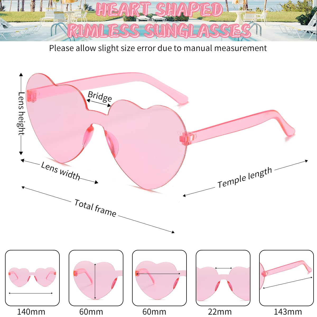 12/20/24 pares de lentes de sol con forma de corazón para mujeres y hombres, lentes de sol transparentes sin montura en forma de corazón, recuerdos de fiesta