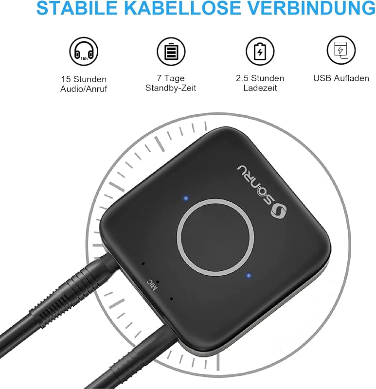 SONRU Bluetooth 5.3 Adapter Autóhoz és Otthoni Sztereó Rendszerhez - 3.5mm AUX és RCA Csatlakozással, Kettős Kimenettel, Újratölthető Akkumu