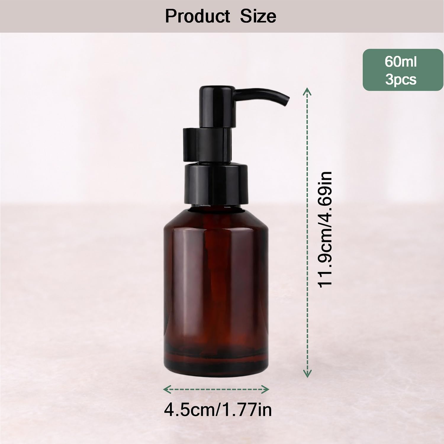 3Pcs 60ml/2OZ Amber Glass Pump Bottles Refillable Lotion Dispenser Bottles with Black Pump Empty Cosmetic Containers Skincare Travel Bottles for Lotion, Serum, Essential Oil, Shampoo, Conditioner