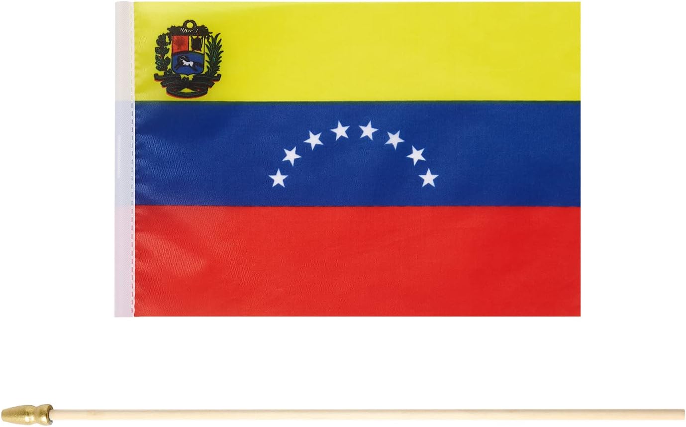 25 Pack Venezuela Venezuelan Flag Small Mini Flag Wood Hand Held Stick Flag,Suitable For Various Holiday Parties, World Cup, National Day, And National Flag Day.