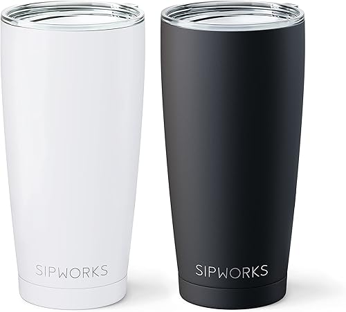 Taza de café de acero inoxidable Sipworks doble pared aislada al vacío a prueba de derrames, taza de café de metal con tapa, 20 onzas, juego de 2,