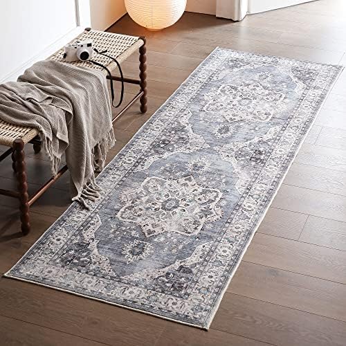 Vowkten Runner Rug Boho Persian 2'6''x8' Area Rugs Non Skid Machine Washable Low Pile Non-Shedding Runners for Hallways, Kitchen, Floor, Laundry Grey