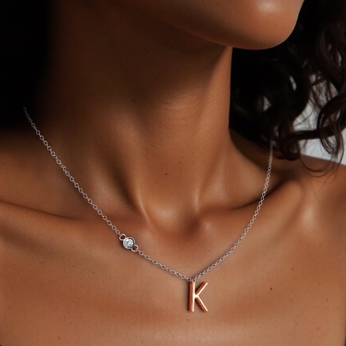 Valentine‘s Day Gift for Her - Personalized Initial Necklace with Elegant Two-Tone Design | 18K Rose Gold Plated Letter Pendant on a Shiny Silver-Tone Chain, Cubic Zirconia | Dainty Adjustable Jewelry - Image 3