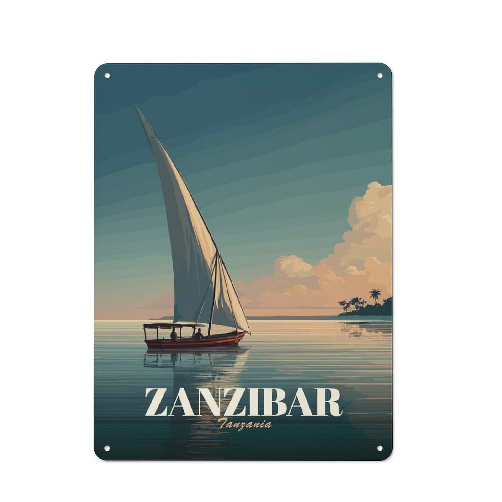 Junmoney Style-10 Zanzibar Dhow Sailboat At Sunset Country Metal Wall Decor 40X30cm, Decorative Tin Sign For Farmhouse Kitchen, Pantry Or Dining Area